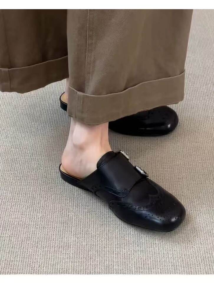 Giày lười nữ mũi vuông da thật kiểu Brogue hai hàng khóa, đế bằng — Màu nâu, màu đen chi tiết 2
