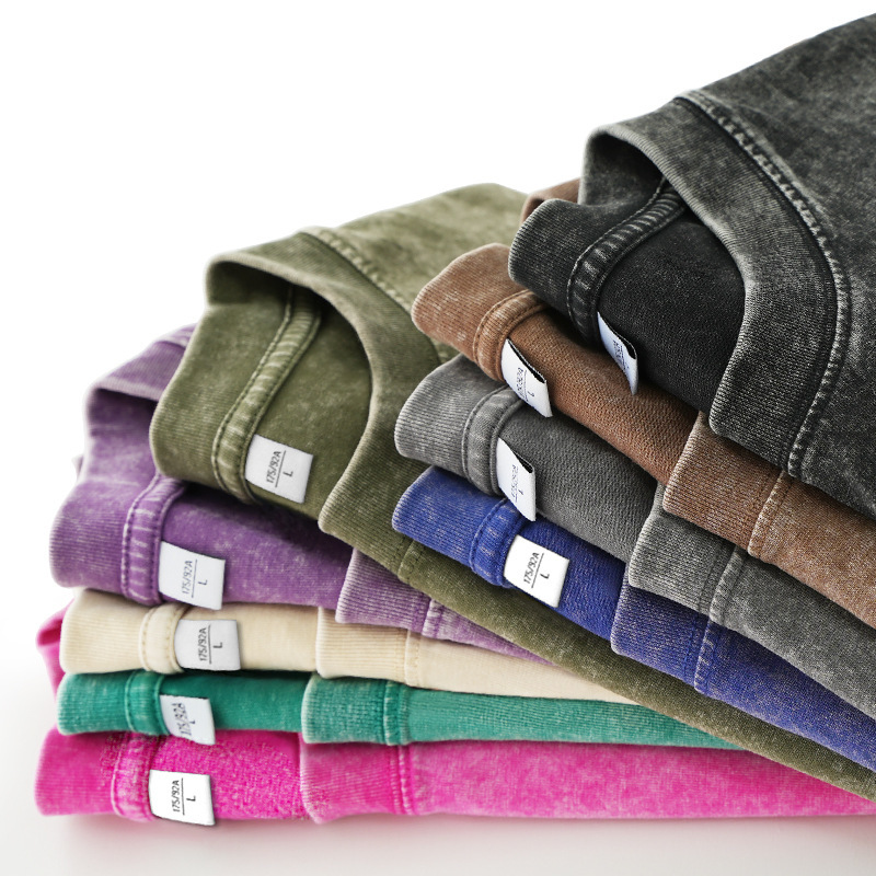 Camiseta de algodón usada lavada, pesada, marca de moda estadounidense de manga corta 230g, tamaño europeo transfronterizo, hombros sueltos, gran versión de lavado de arena T