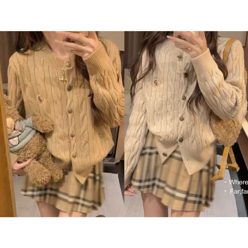 American-style retro chunky knit cardigan with embroidery, women's autumn and winter sweater coat