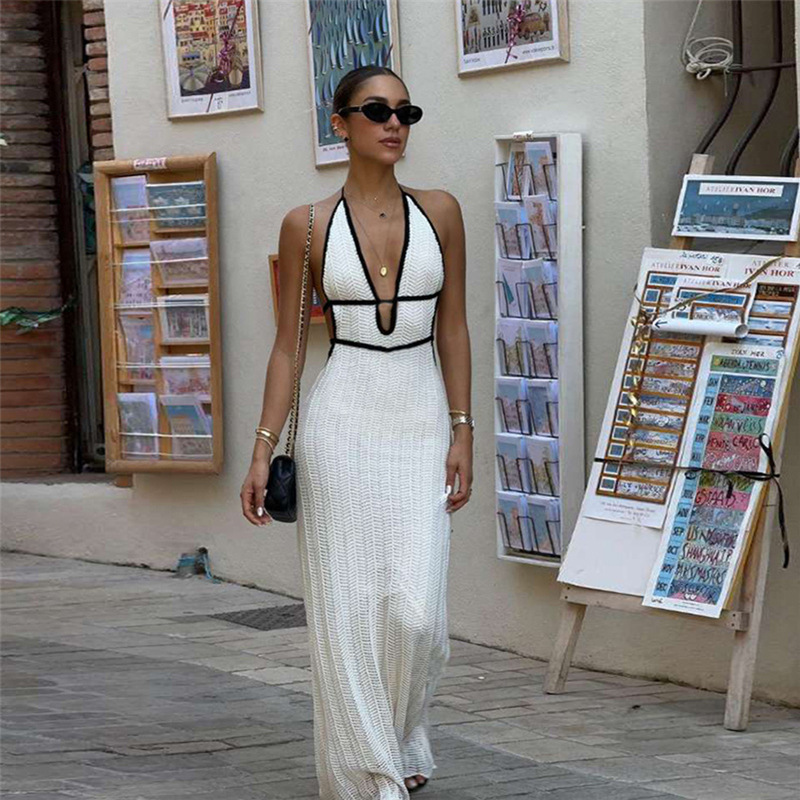 280g Weight Maxi Long Dress Dress Length Type Sleeveless Sleeve Length Sheath Dress Dresses Type Sleeveless Sleeve Type Spandex, Polyester Fabric Type High Waist Waist Line Holiday, Daily, Selfie Occasion Halter Neck Neckline Regular Fit Fit Type Contrast Collar Pattern Summer Season Women's Gender Backless Design Sexy Style Wholesale Women's Sexy Backless Contrast Collar Holiday Daily Selfie Halter Neck Sleeveless Sheath Dress 4