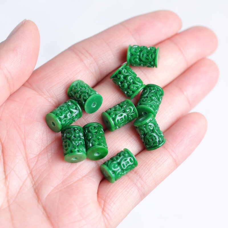 Imitation Dry Green Jade Carved Jade Barrel Beads Loose Parts DIY Necklace Sweater Chain Pendant Pendant Accessories Semi-Finished Products