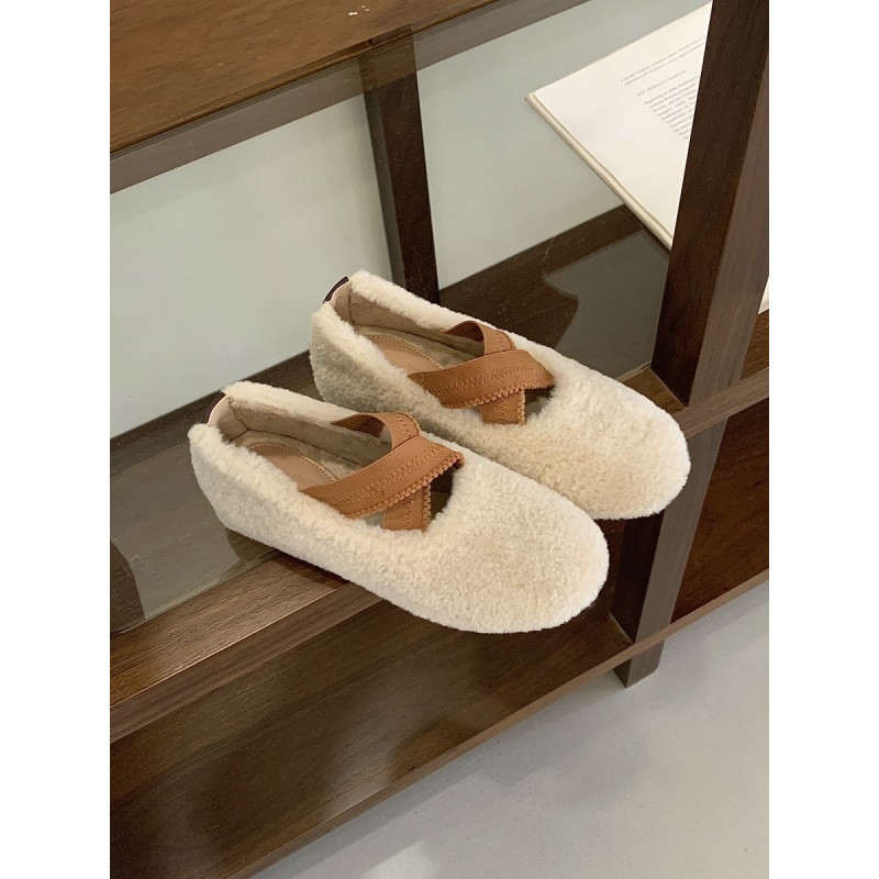 丹麦小熊~加绒交叉带芭蕾舞鞋内增高5cm玛丽珍单鞋女毛毛鞋