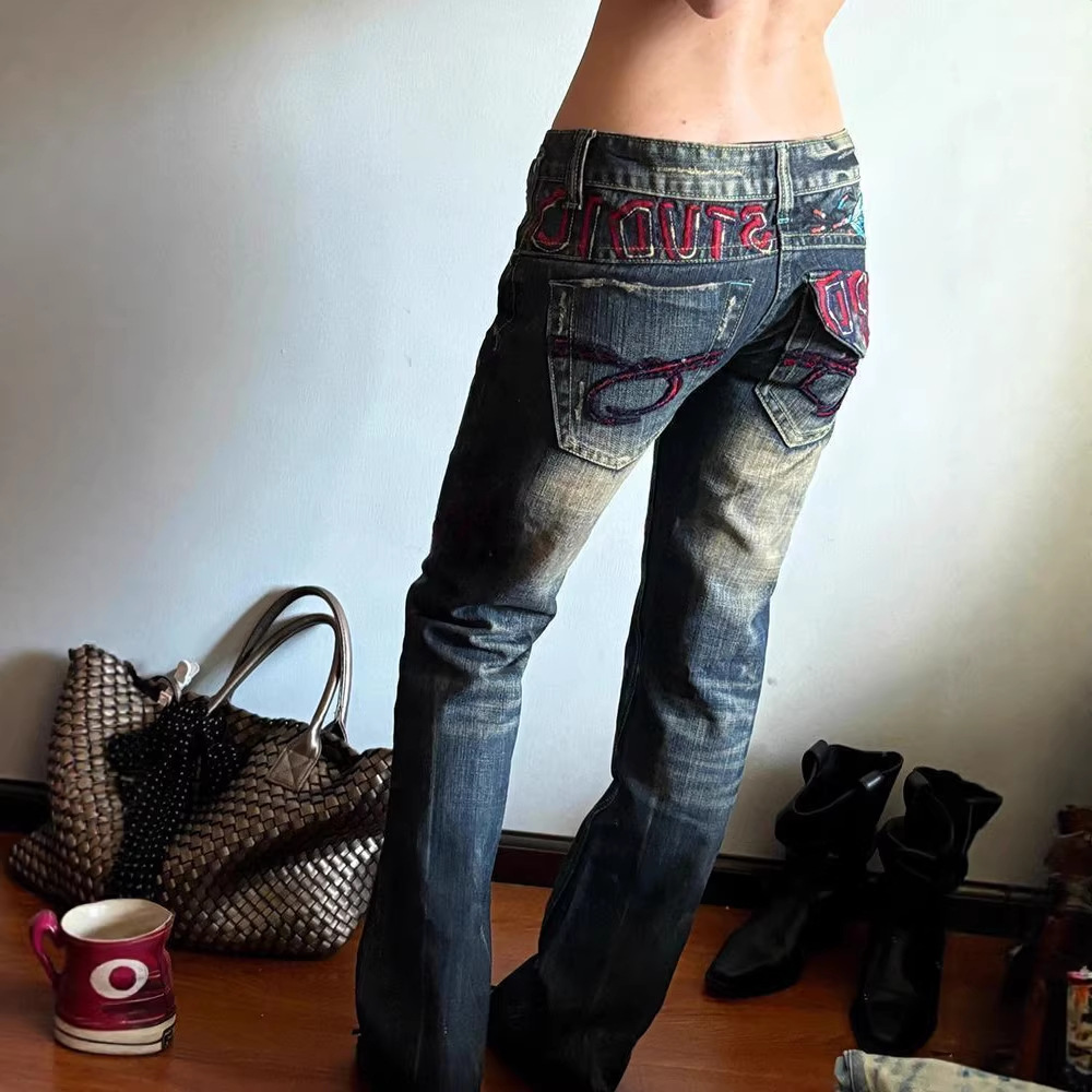 Vintage Low-Rise Distressed Jeans For Women - Y2k Style With Heavy Embroidery, Baggy & Long Straight Leg Denim Pants_ecoleips.com