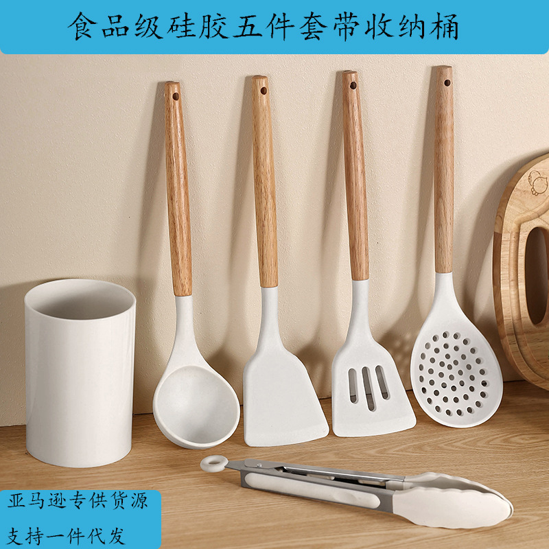 Mango de madera de silicona para utensilios de cocina de grado alimenticio resistente a altas temperaturas de cocina antiadherente de cocina