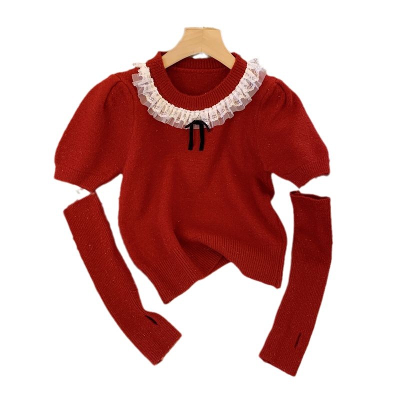 High end wool women's autumn and winter new red sweater with detachable cut sleeves, knitted base sweater, trendy top_voghion.com