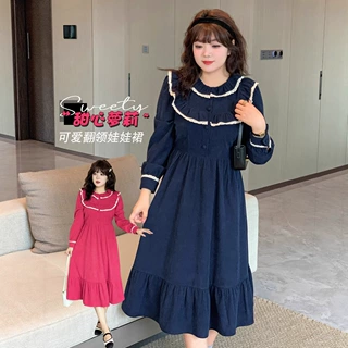美丽k2559大码女装2023冬复古条绒娃娃裙连衣裙子微胖mm过膝长裙