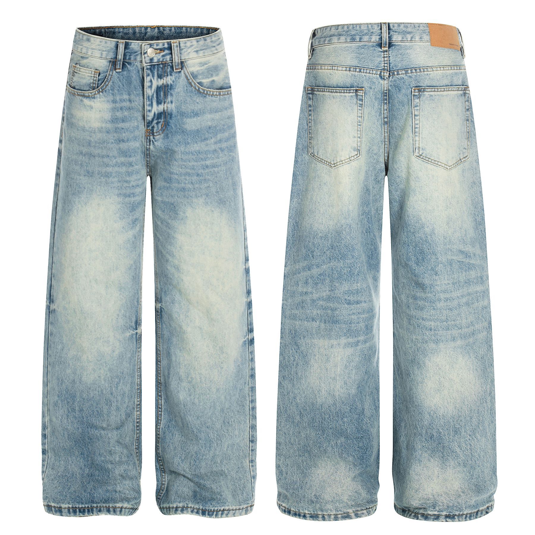 Men's High Street Vintage Washed Denim Jeans Relaxed Fit Cat Whisker Slight Curve Design_mkmklike.com