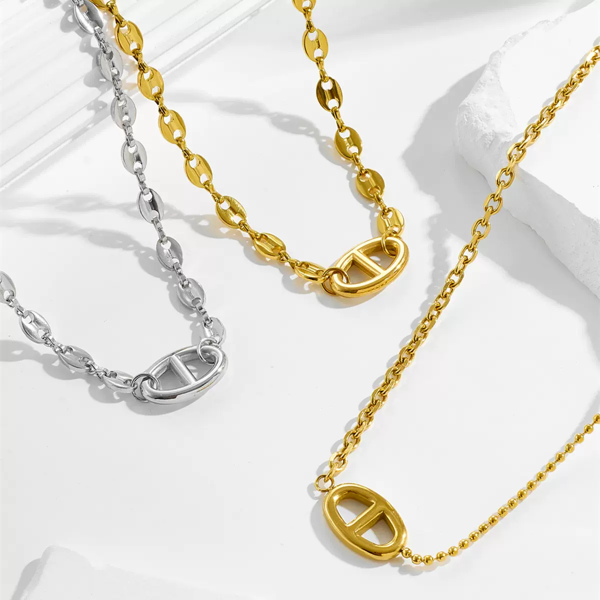 猪鼻孔双链钛钢项链18K金色不对称个性设计冷淡锁骨链女链条