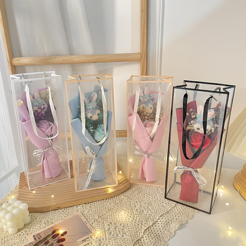 手提式袋裝七夕畢業季公仔仿真花束教師節帶燈毛絨兔玩偶鮮花禮物