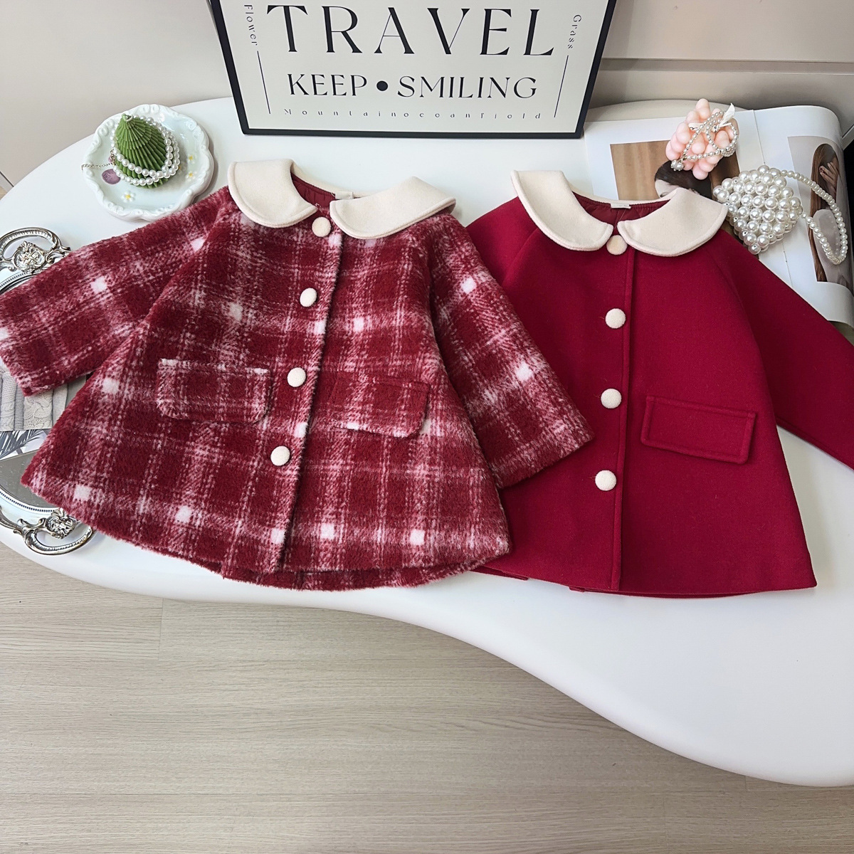 女童新年加绒加厚夹棉外套冬季新款时髦中式毛呢外套上衣