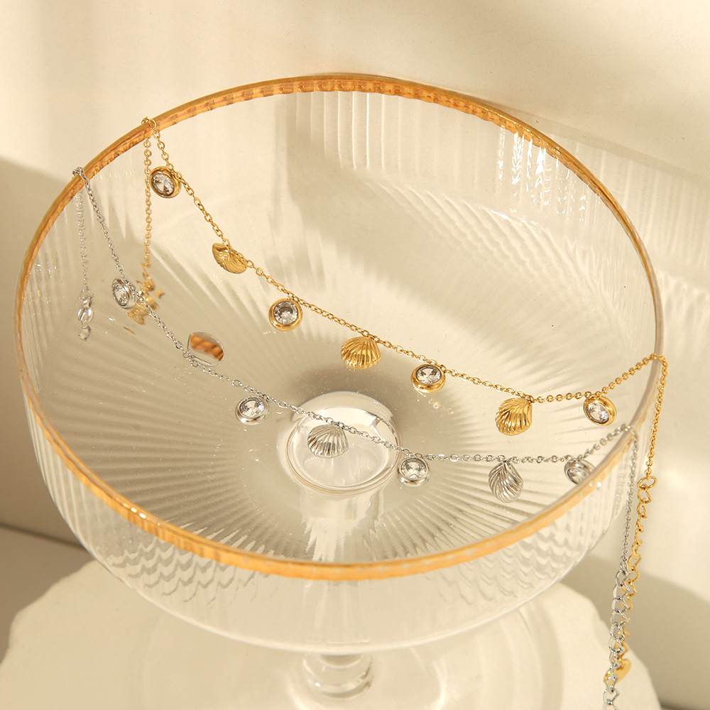 Concha a rayas de acero inoxidable francés, circón, temperamento de nicho de 18K, tobillera de playa para mujer, joyería impermeable que no se desvanece