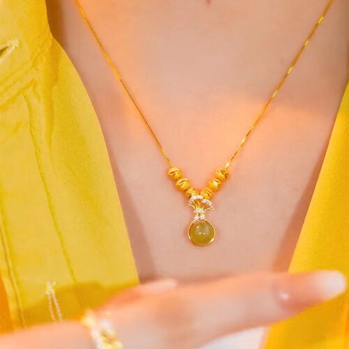 Redhead golden money bag pendant green jade Ruyi necklace pullable adjustable universal chain delicate collar chain 
