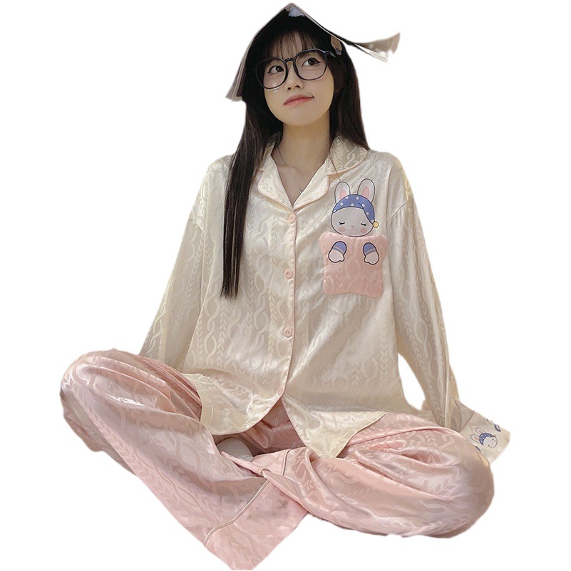 Linda dulce chica pijamas de las mujeres seda del hielo la solapa cardigan manga larga Otoño e Invierno Nueva Historieta ocasional desgaste en casa traje