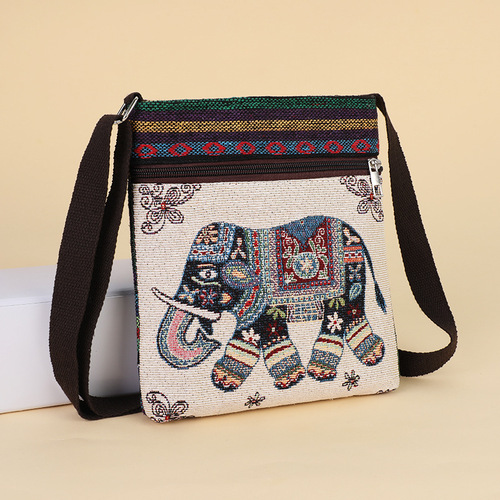 Ethnic-style elephant cartoon single-shoulder bag for women, double-sided gold thread embroidery canvas bag, fashionable single-layer zipper crossbody bag