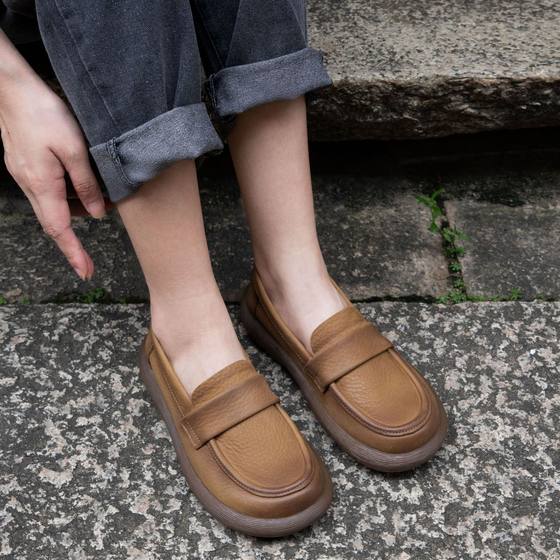 Handmade Genuine Leather Loafers Women's Spring New Vintage Frosted Cowhide Single-layer Shoes Round Toe Comfortable Soft Bottom Loafers