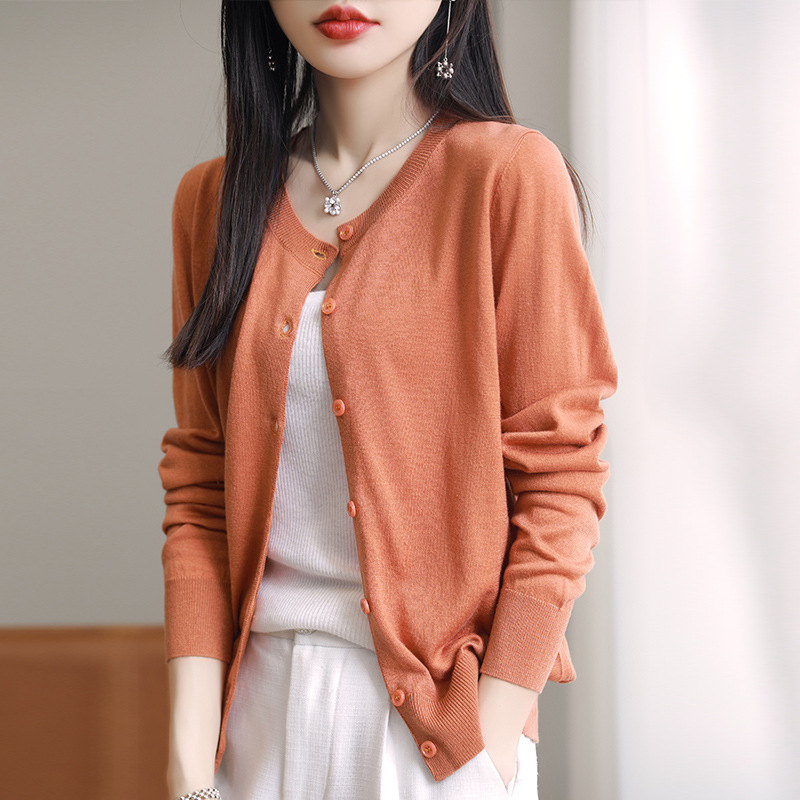 Ultrafine Worsted Wool Thin Cardigan Women's Autumn Knitted Outer Wear Air-conditioning Shirt Round Neck Multi-color Wool Coat