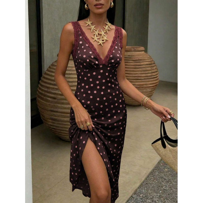 Cross-Border Amazon European Goods 2026 New Polka Dot Satin Camisole V-Neck Sleeveless Long Dress with Slit Hem Cross-Border Amazon European Goods 2026 New Polka Dot Satin Camisole V-Neck Sleeveless Long Dress with Slit Hem