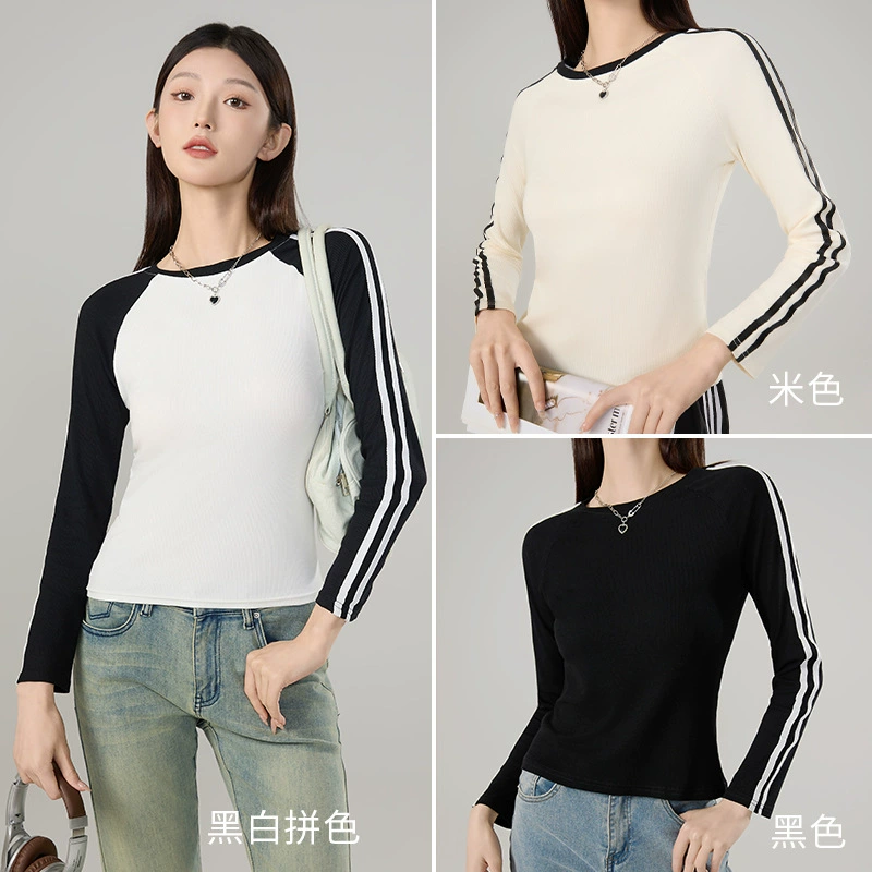 Ретро осень длинный рукав, термобелье с круглым воротником, футболка, Slim fit