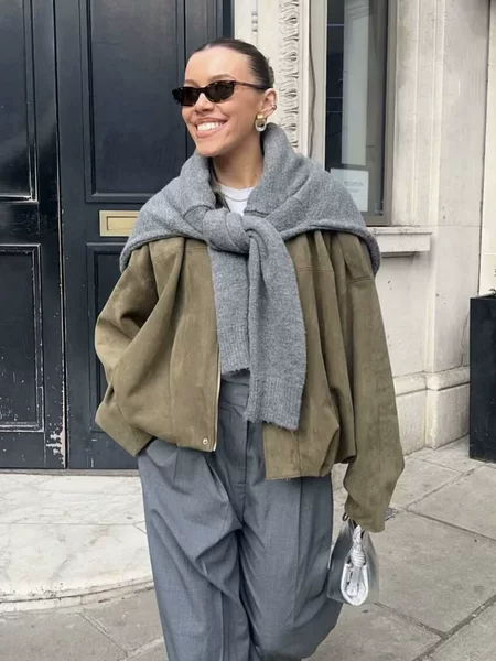 9 color wholesale European and American style 2025 spring and autumn casual suede texture lapel bomber jacket coat women B88824