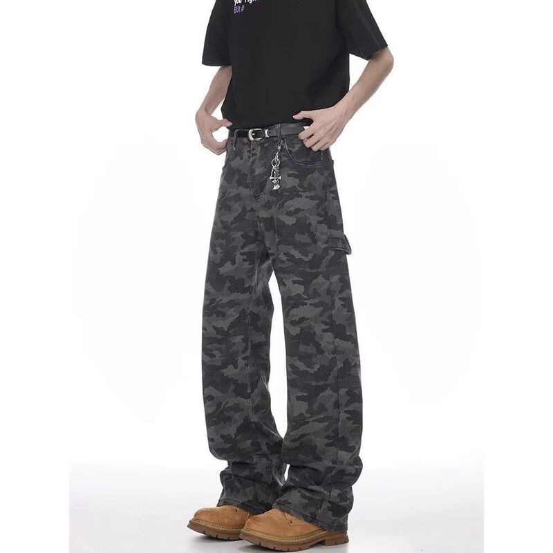 American Retro Camouflage Wide-Leg Jeans for Men Spring and Summer New Scimitar Logging Pants Loose Workwear Straight Pants Men's Clothing