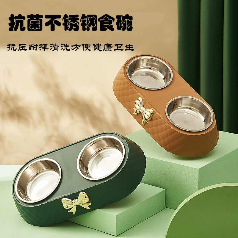 Новая миска для домашних животных с бантом, посуда для собак, двойная миска из нержавеющей стали, Антидетонационная Нескользящая легкая Роскошная миска для корма для кошек