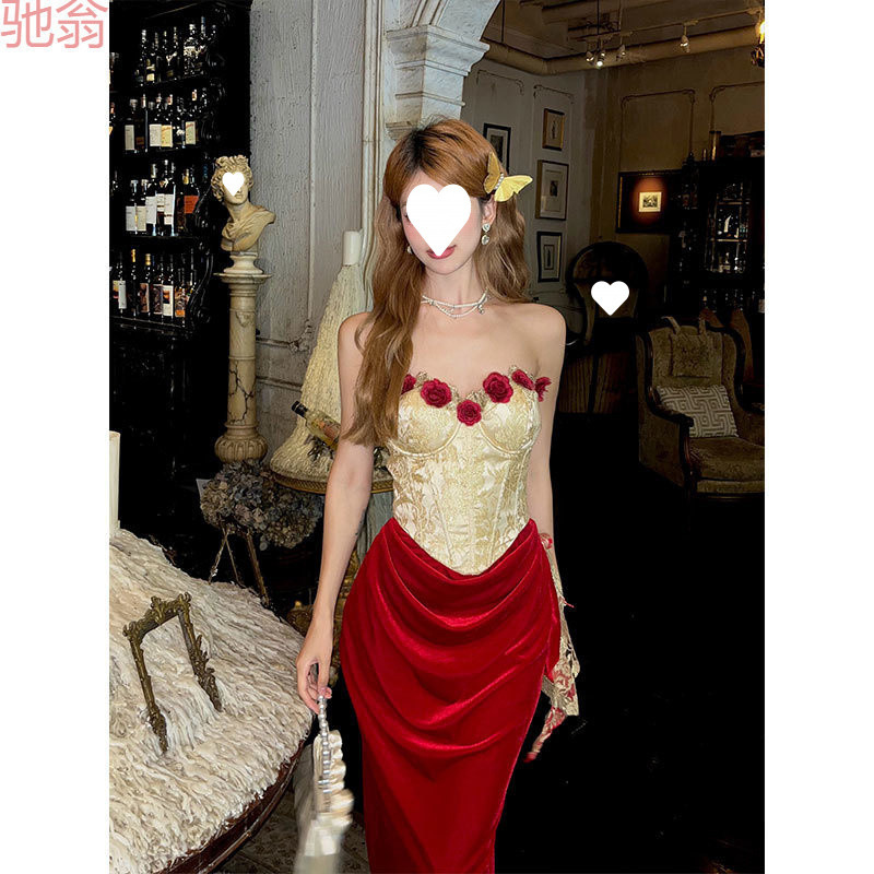 T8Y White Church dress Women's Autumn and Winter New Pleated Waist Slimming Design Long Skirt