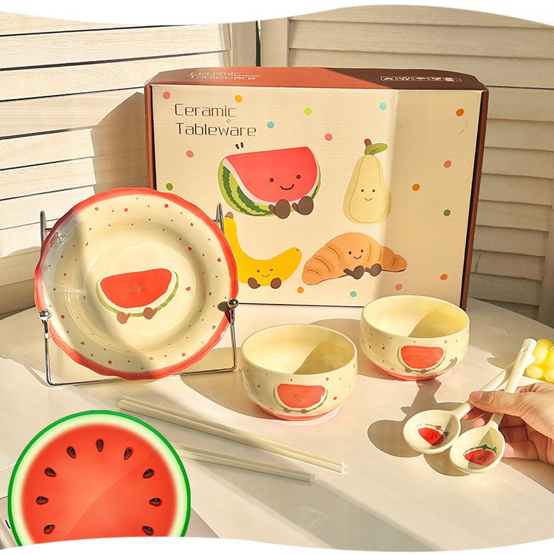 Food for two: 2 bowls, 2 spoons, 2 chopsticks, 1 plate - watermelon - exclusive …