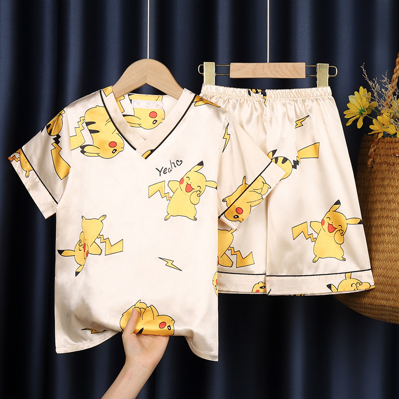 Pijamas para niños de verano de seda de hielo con cuello en V de manga corta niños delgados bebés y niñas de simulación de seda traje de desgaste para el hogar