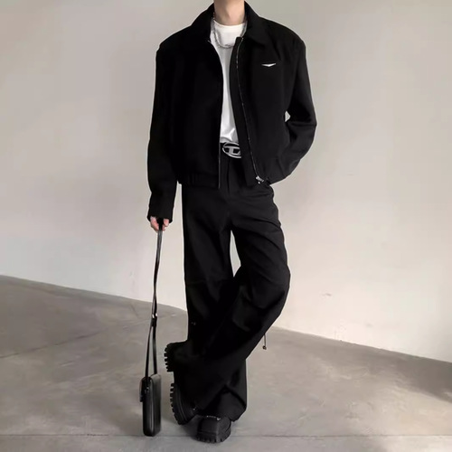 Cleanfit Men's Short Jacket Autumn/Winter Cool Style American Padded Shoulder Overcoat High-end Black Collar Baseball Coat