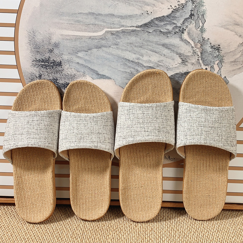 2024 new four seasons linen slippers women's home with couples indoor soft sole anti-slip cool summer slippers