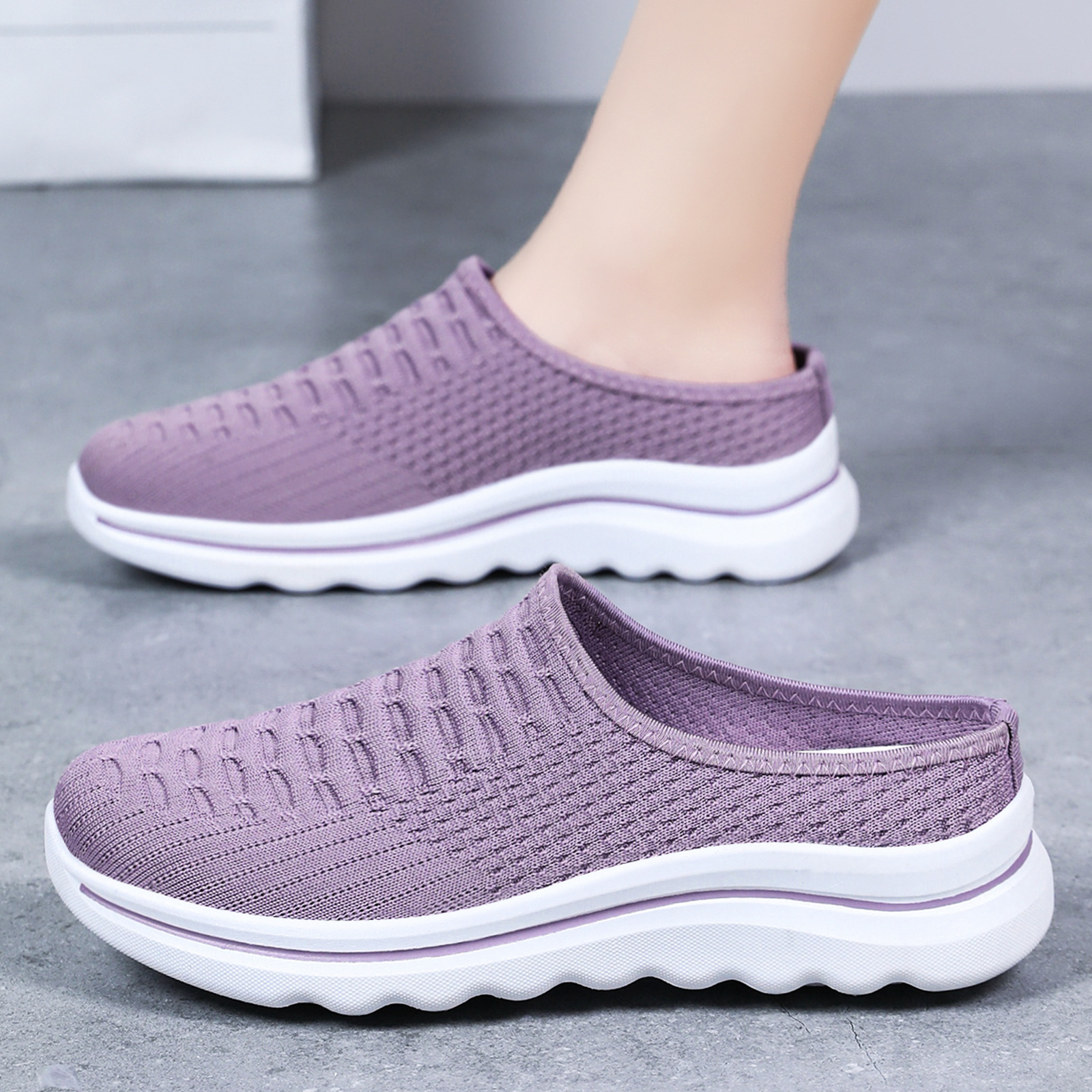 Zapatos de Mujer, Nuevo Estilo de Verano, Pantuflas Sin Cordones para Uso en Exteriores, Pantuflas Medias Cerradas Transpirables de Tejido Elástico, Zapatos Casuales Ligeros de Suela Suave al por Mayor