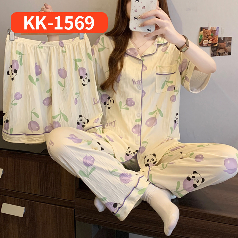 ネットセレブ人気の女性用半袖パジャマ、夏のストライプリボン、スイートホーム服、しわのある布の3点セット、リアルショット卸売|undefined