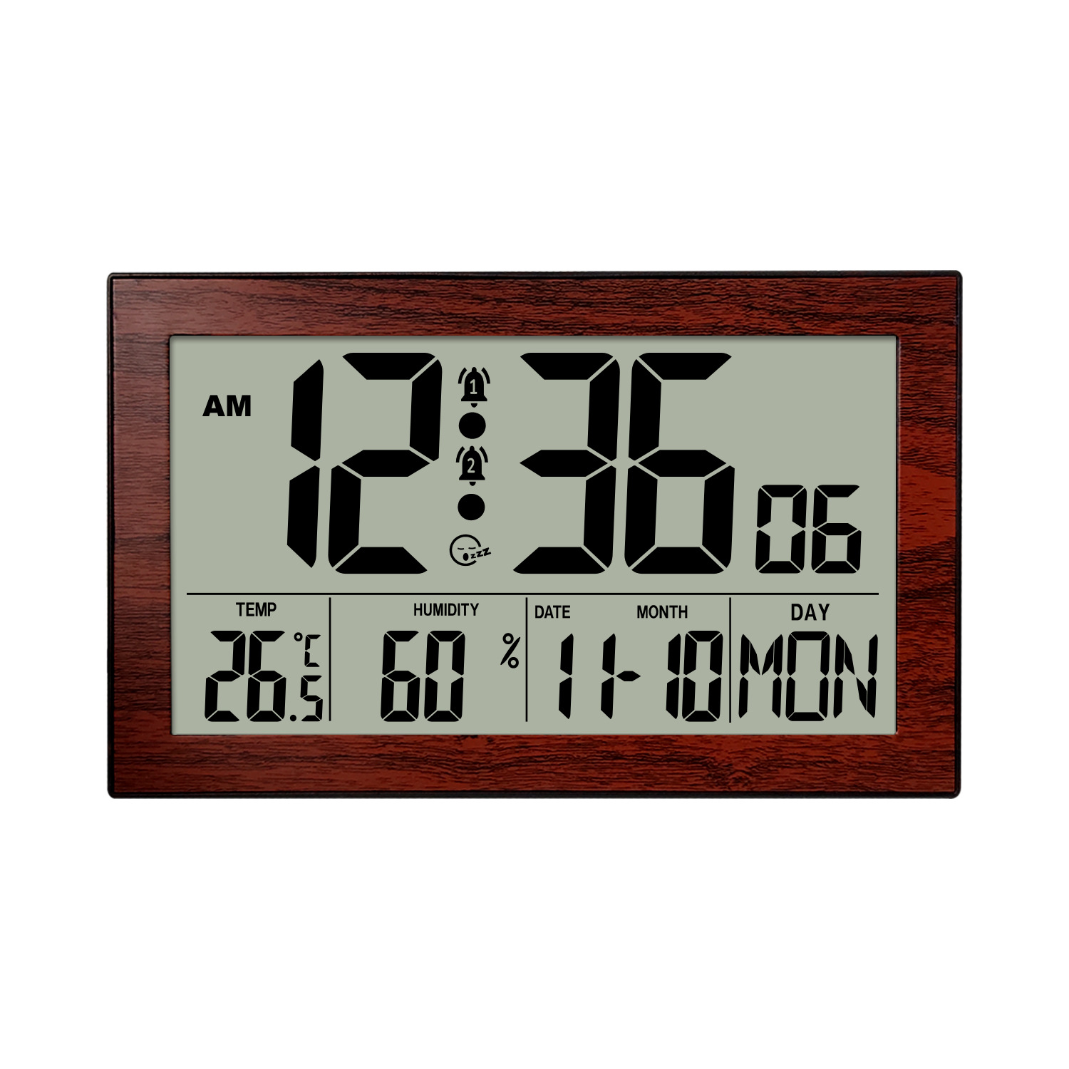 Reloj de pared transfronterizo con acabado de madera para sala de estar y dormitorio, con pantalla digital LCD de alta definición, reloj despertador multifuncional con calendario perpetuo, temperatura y humedad