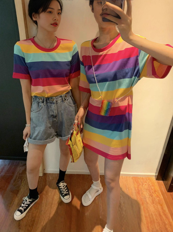 ヒョナ風レインボーストライプ半袖ニッチTシャツレディースインストラントレンド超人気cecミドル丈ルーズトップ|undefined