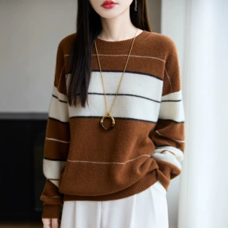 撞色条纹圆领100%纯羊毛衫女宽松慵懒风加厚毛衣长袖套头针织打底