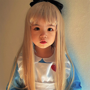 Children's wig girl creamy-white cute long hair neat bangs princess hairstyle photo writing true and false hair cover wholesale