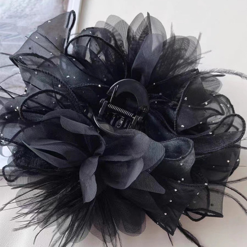 2024 new style feather fluffy grab clip to show hair volume headdress back of head shark clip princess hair clip for women