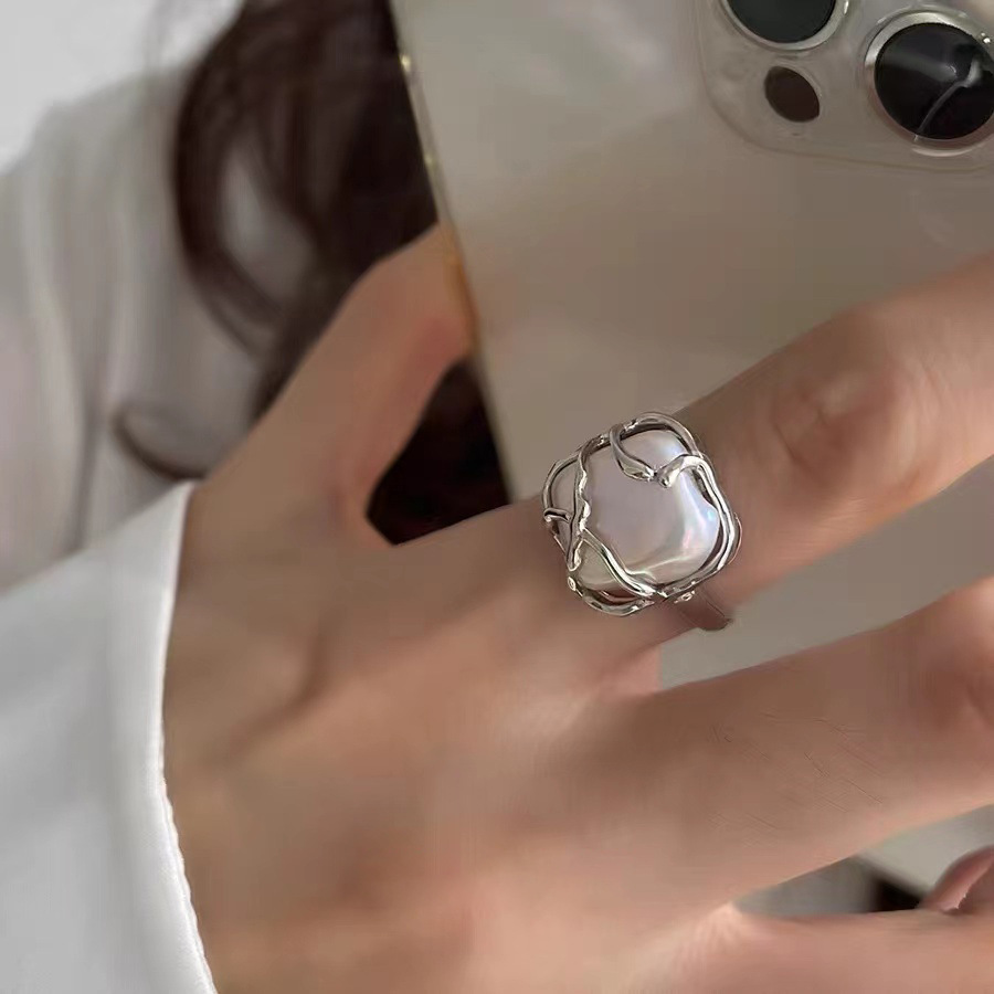 Geometric Silver Plated Metal Artificial Pearls Open Ring