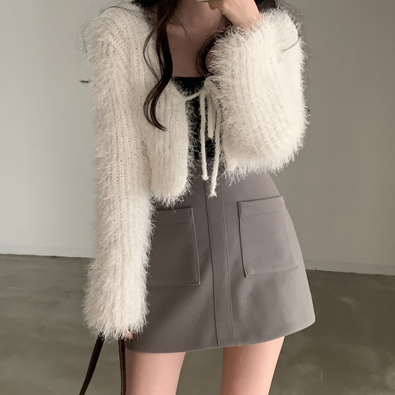 Korean Chic Autumn and Winter New Retro Stylish Soft and Fluffy Lace-Up Sweater Women's Short Knitted Cardigan