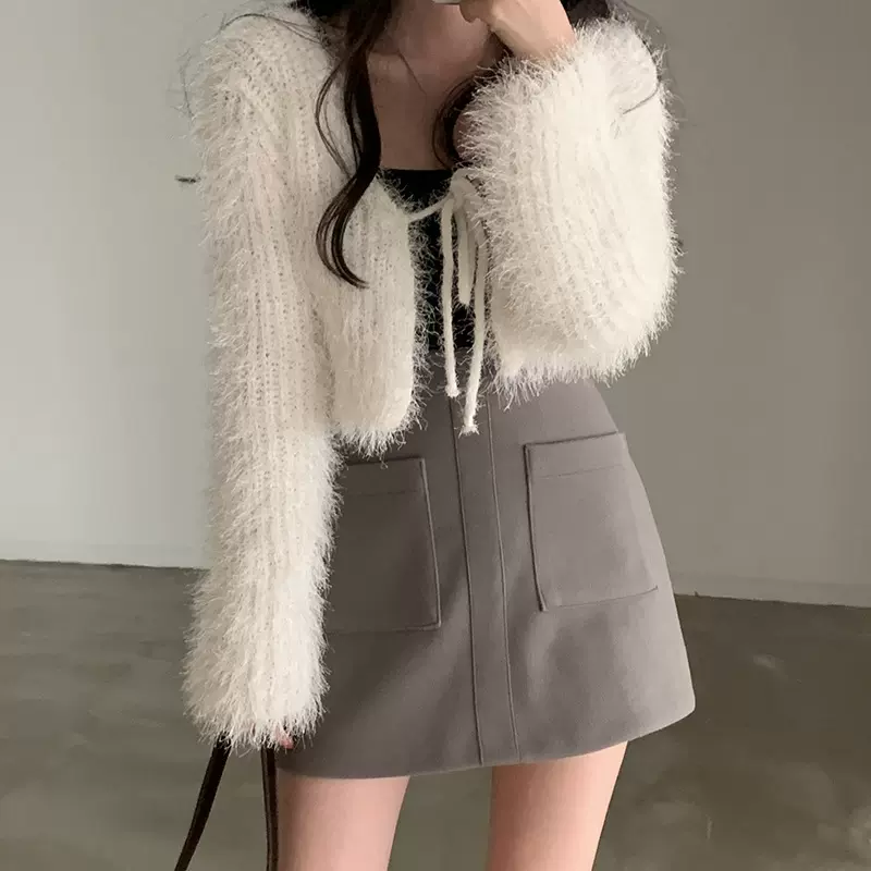 韩国chic秋冬新款复古洋气软糯毛茸茸系带毛衣女外套短款针织开衫