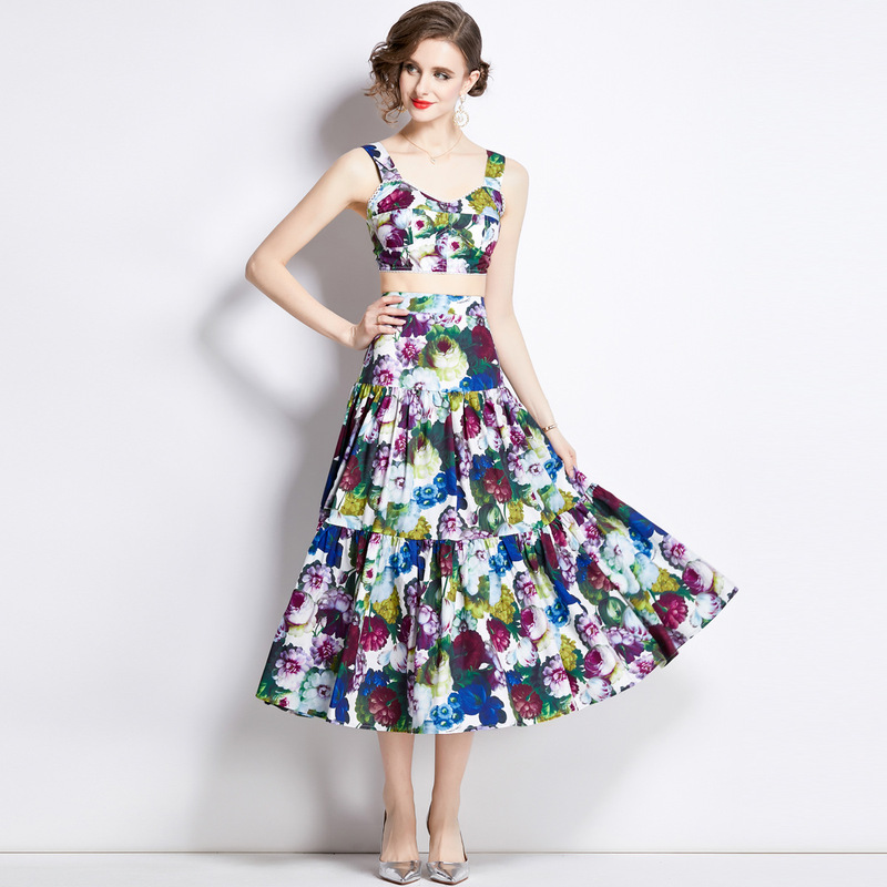 2025 Summer Hawaiian Resort Style Suit Skirt Women's Suspender Tube Top + High Waist Swing Skirt Long Skirt