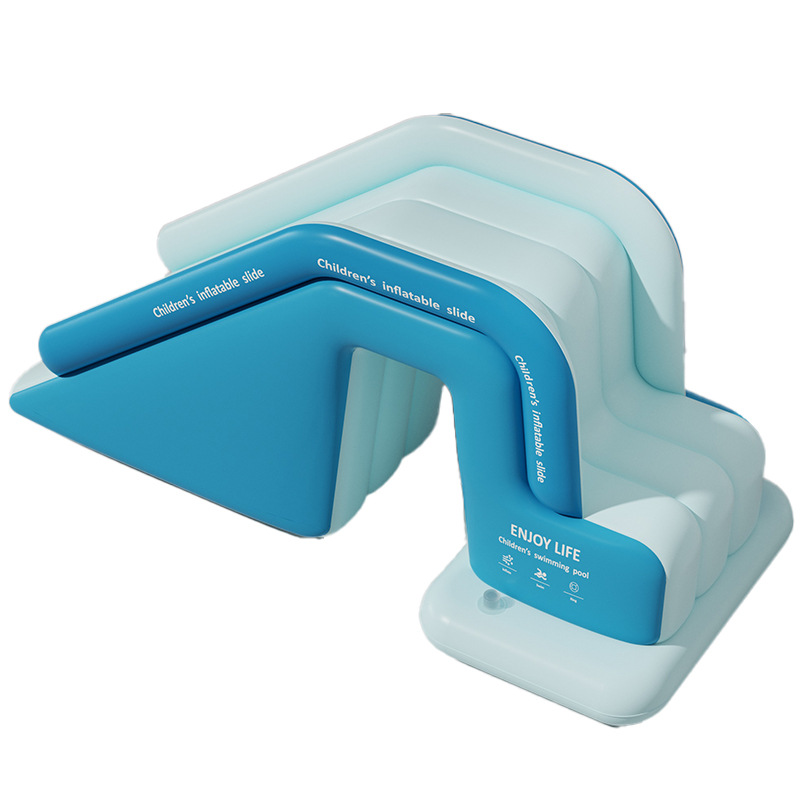 Blue inflatable slide in clear sky