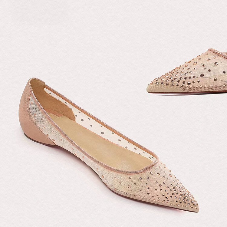 New Pointed Toe Flats Shoes, Fairy Style Mesh Heightening Rhinestone Wedding Shoes for Women, Breathable Shallow Mouth Sheepskin Red Sole Shoes for Women