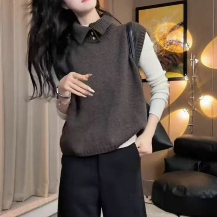 法式百搭设计感翻领时尚针织马甲女士秋冬复古慵懒风内搭毛衣背心|undefined