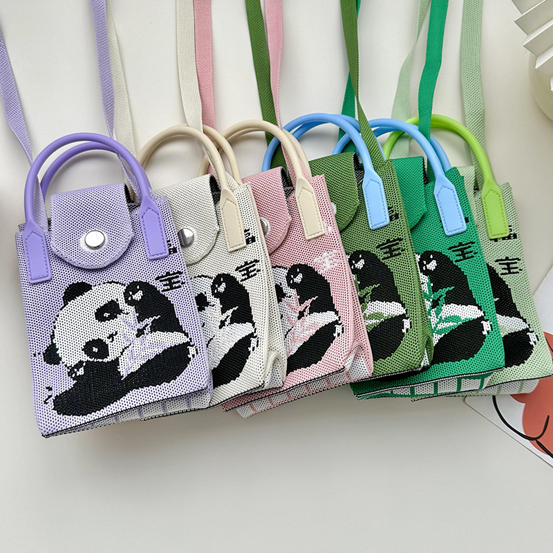 Bolsa de tejido para móviles, caricatura de panda para mujeres, estilo coreano, bolso de hombro único, bolso de viaje, bolso de cambio, bolso pequeño