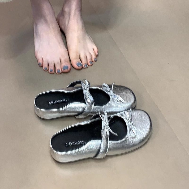 Zapatillas de lazo de noche francesa zapatos Mary Jane mujer 2025 nuevo verano suela suave zapatos Muller con falda zapatos individuales