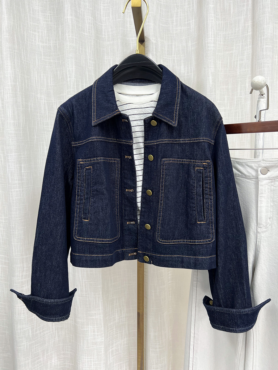 Áo khoác denim nữ phong cách cổ điển tay trễ vai dáng ngắn — màu xanh