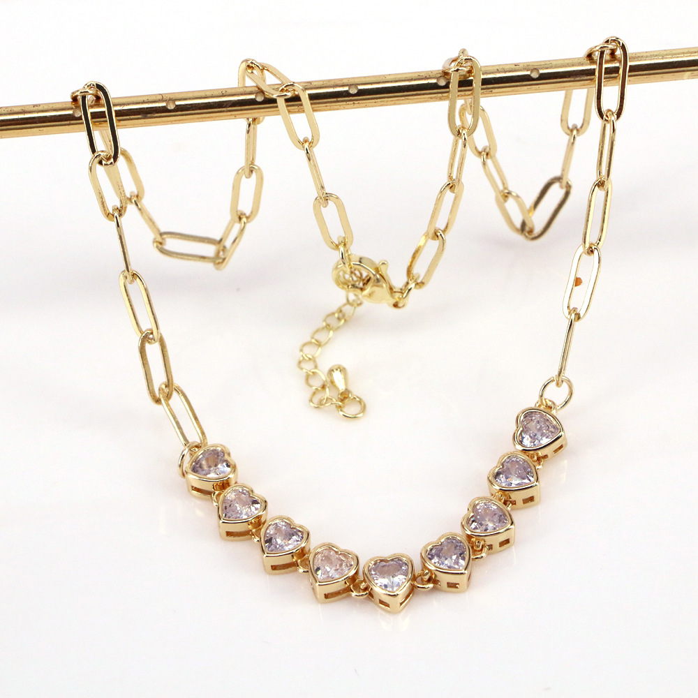 Fashion Heart Shape Copper Necklace Gold Plated Zircon Copper Necklaces