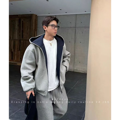双拉链短款连帽开衫卫衣外套男春秋潮牌男生穿搭重磅美式情侣帽衫