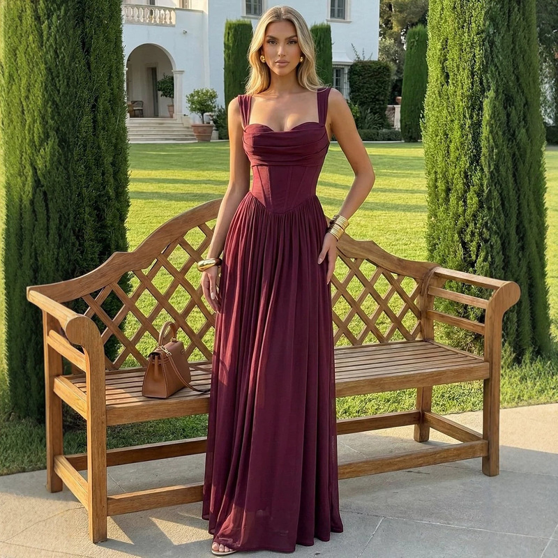 Cross-border foreign trade burgundy square-neck corseted fishbone bodice chiffon long evening dress for homecoming Cross-border foreign trade burgundy square-neck corseted fishbone bodice chiffon long evening dress for homecoming